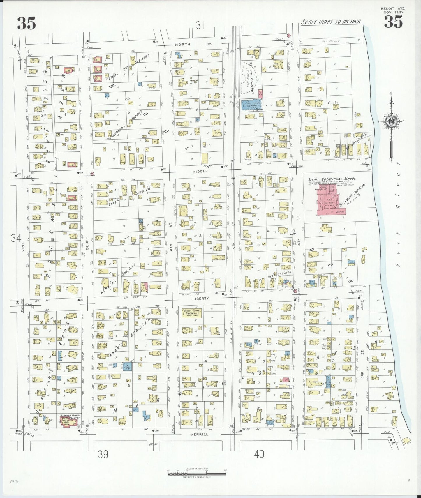 Sanborn Fire Insurance Map from Beloit, Rock County, Wisconsin (1939), Sheet #0035 - Historic Sanborn Fire Insurance Map Print, vintage old map wall art, antique decor, genealogy gift, Wisconsin Wisconsin map