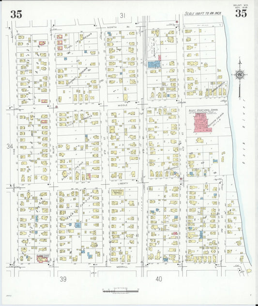 Sanborn Fire Insurance Map from Beloit, Rock County, Wisconsin (1939), Sheet #0035 - Historic Sanborn Fire Insurance Map Print, vintage old map wall art, antique decor, genealogy gift, Wisconsin Wisconsin map