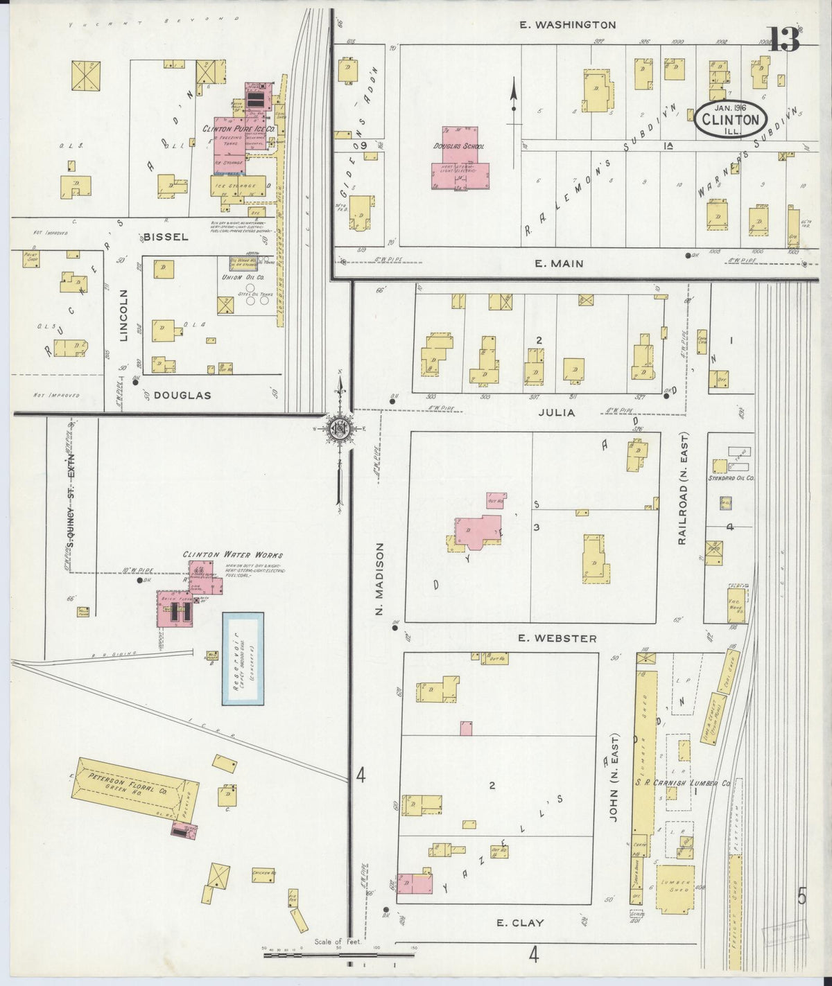 Sanborn Fire Insurance Map from Clinton, De Witt County, Illinois (1916), Sheet #0013 - Historic Sanborn Fire Insurance Map Print, vintage old map wall art, antique decor, genealogy gift, Illinois Illinois map