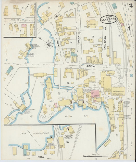 Sanborn Fire Insurance Map from Lakeport, Belknap County, New Hampshire (1892), Sheet #0002 - Historic Sanborn Fire Insurance Map Print, vintage old map wall art, antique decor, genealogy gift, New Hampshire New Hampshire map