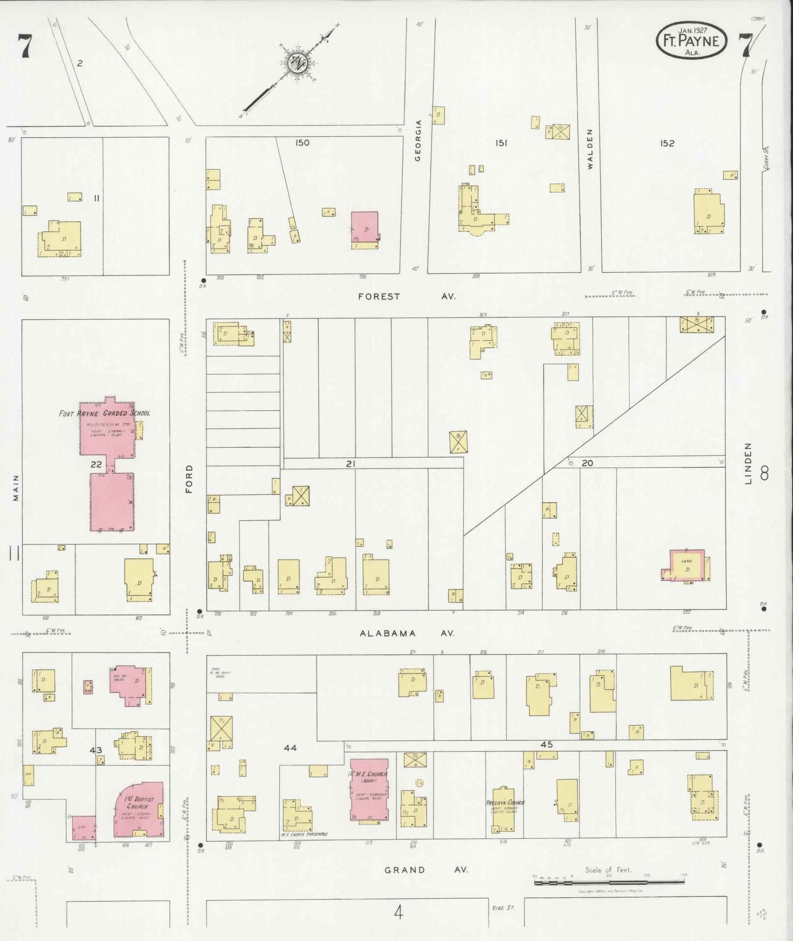 Sanborn Fire Insurance Map from Fort Payne, Dekalb County, Alabama (1927), Sheet #0007 - Complete Map Set gallery image, historic Sanborn map, vintage wall art, Alabama Alabama