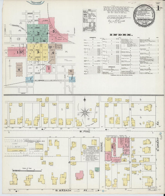 Sanborn Fire Insurance Map from Crawfordsville, Montgomery County, Indiana (1892), Sheet #0001 - Historic Sanborn Fire Insurance Map Print, vintage old map wall art, antique decor, genealogy gift, Indiana Indiana map