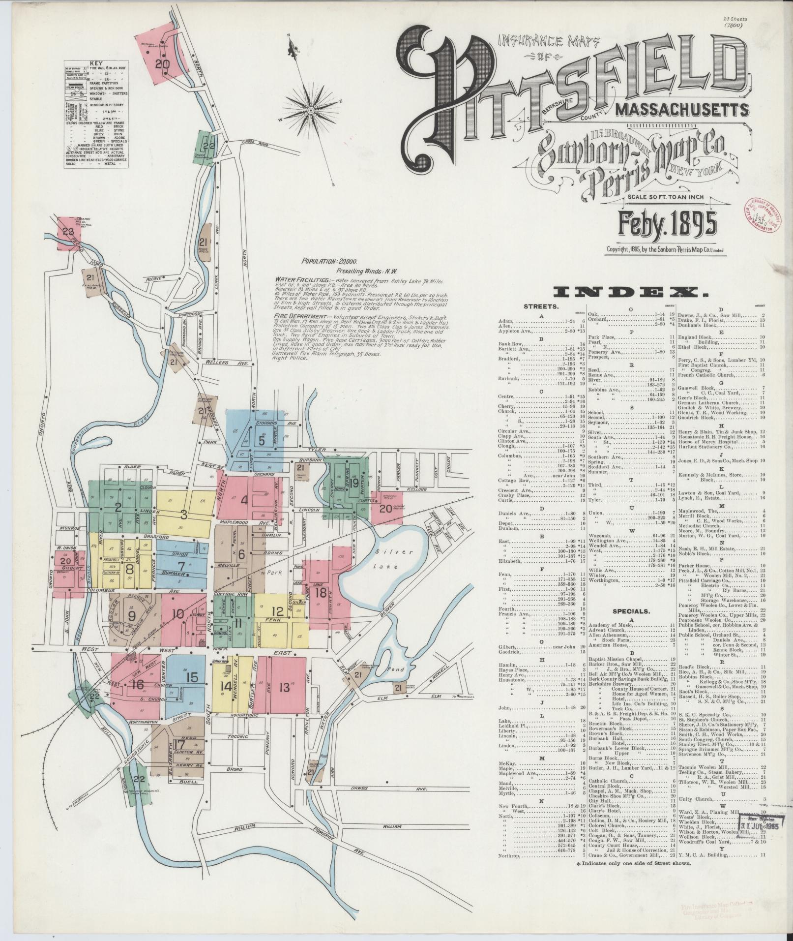 Sanborn Fire Insurance Map from Pittsfield, Berkshire County, Massachusetts (1895), Sheet #0001 - Historic Sanborn Fire Insurance Map Print, vintage old map wall art, antique decor, genealogy gift, Massachusetts Massachusetts map