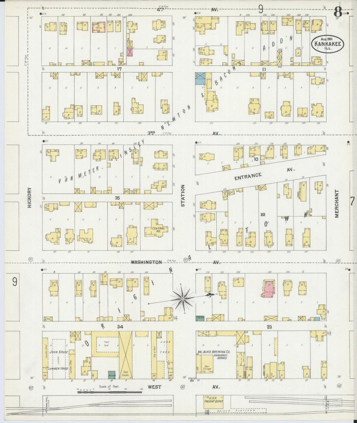 Sanborn Fire Insurance Map from Kankakee, Kankakee County, Illinois (1901), Sheet #0008 - Historic Sanborn Fire Insurance Map Print, vintage old map wall art, antique decor, genealogy gift, Illinois Illinois map