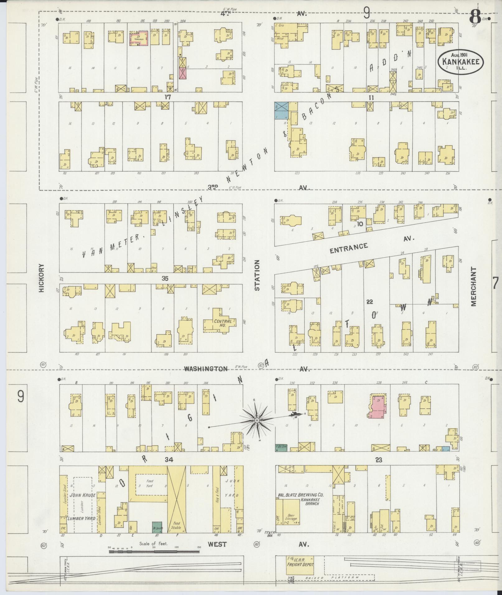 Sanborn Fire Insurance Map from Kankakee, Kankakee County, Illinois (1901), Sheet #0008 - Historic Sanborn Fire Insurance Map Print, vintage old map wall art, antique decor, genealogy gift, Illinois Illinois map