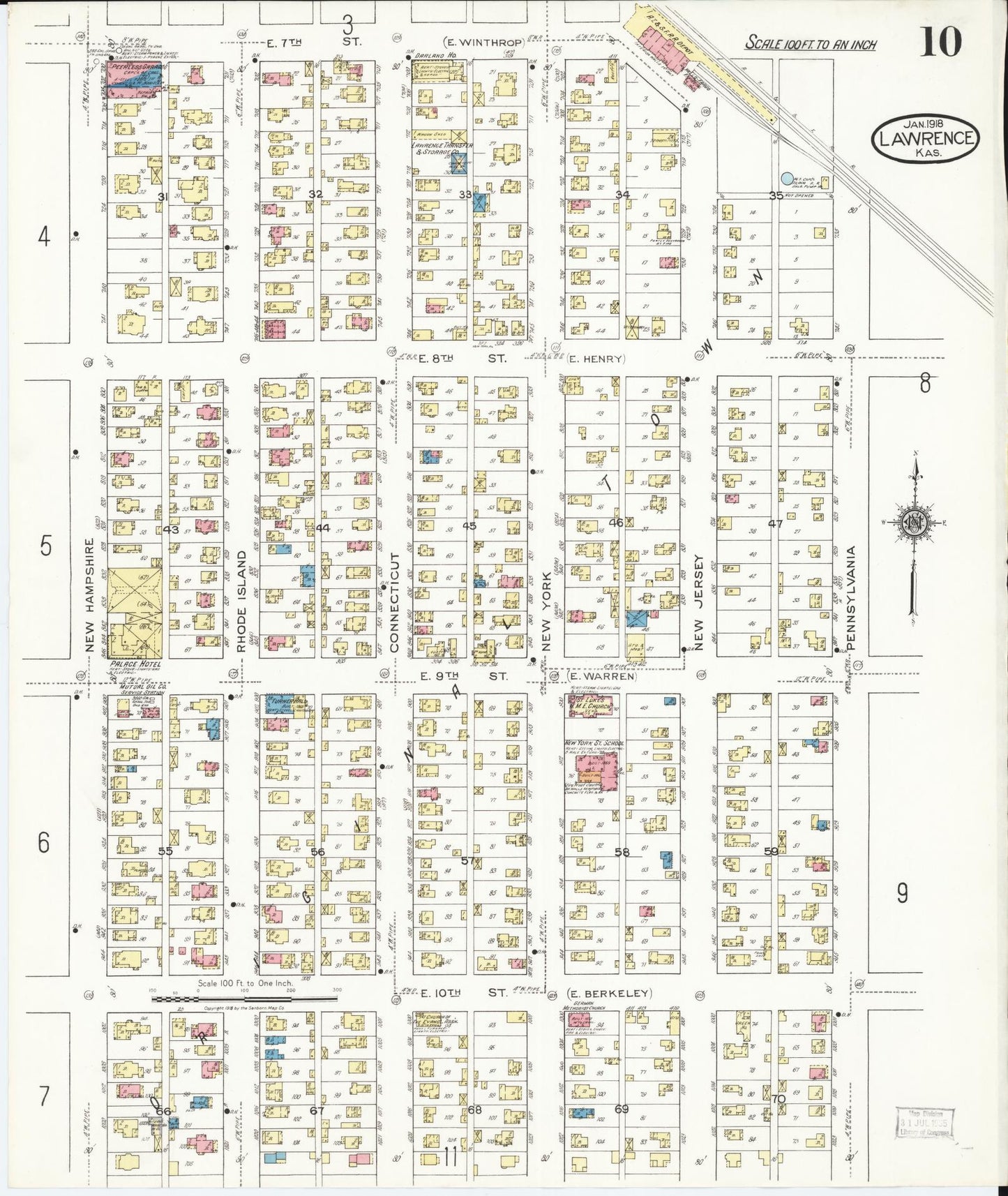 Sanborn Fire Insurance Map from Lawrence, Douglas County, Kansas (1918), Sheet #0010 - Historic Sanborn Fire Insurance Map Print, vintage old map wall art, antique decor, genealogy gift, Kansas Kansas map