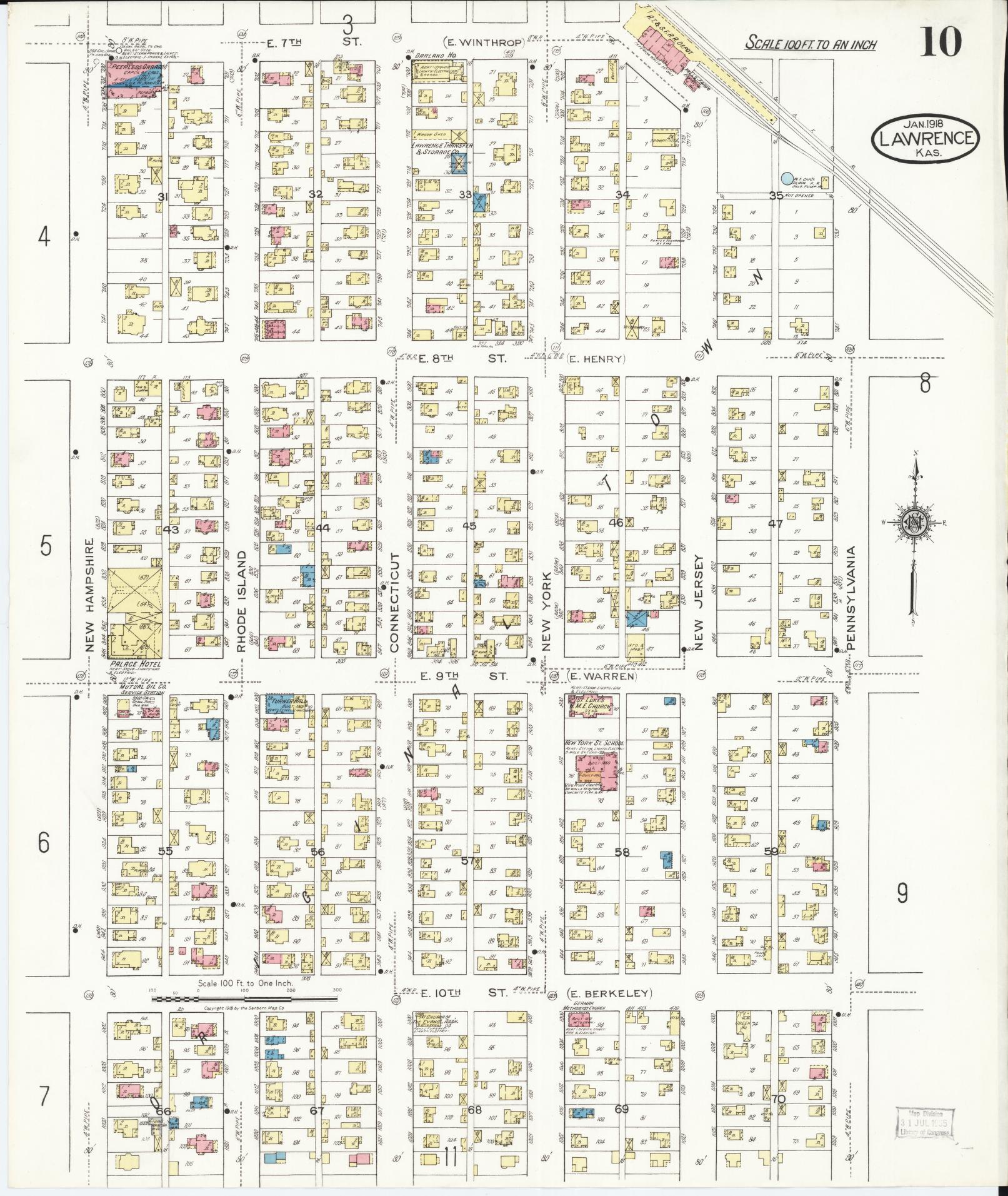 Sanborn Fire Insurance Map from Lawrence, Douglas County, Kansas (1918), Sheet #0010 - Historic Sanborn Fire Insurance Map Print, vintage old map wall art, antique decor, genealogy gift, Kansas Kansas map