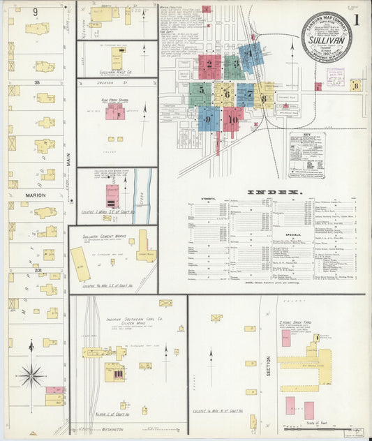 Sanborn Fire Insurance Map from Sullivan, Sullivan County, Indiana (1907), Sheet #0001 - Historic Sanborn Fire Insurance Map Print, vintage old map wall art, antique decor, genealogy gift, Indiana Indiana map