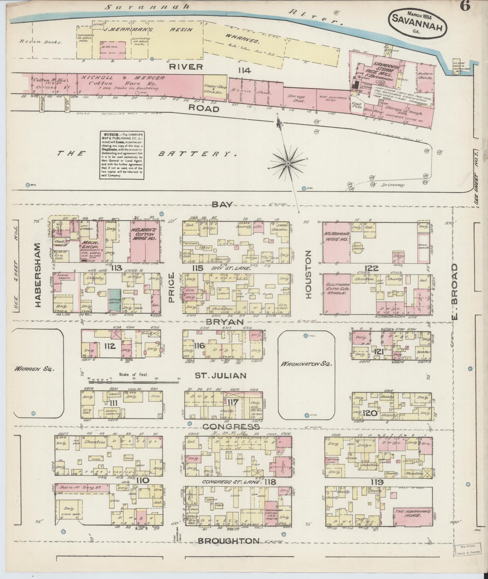 Sanborn Fire Insurance Map from Savannah, Chatham County, Georgia (1884), Sheet #0006 - Complete Map Set gallery image, historic Sanborn map, vintage wall art, Georgia Georgia