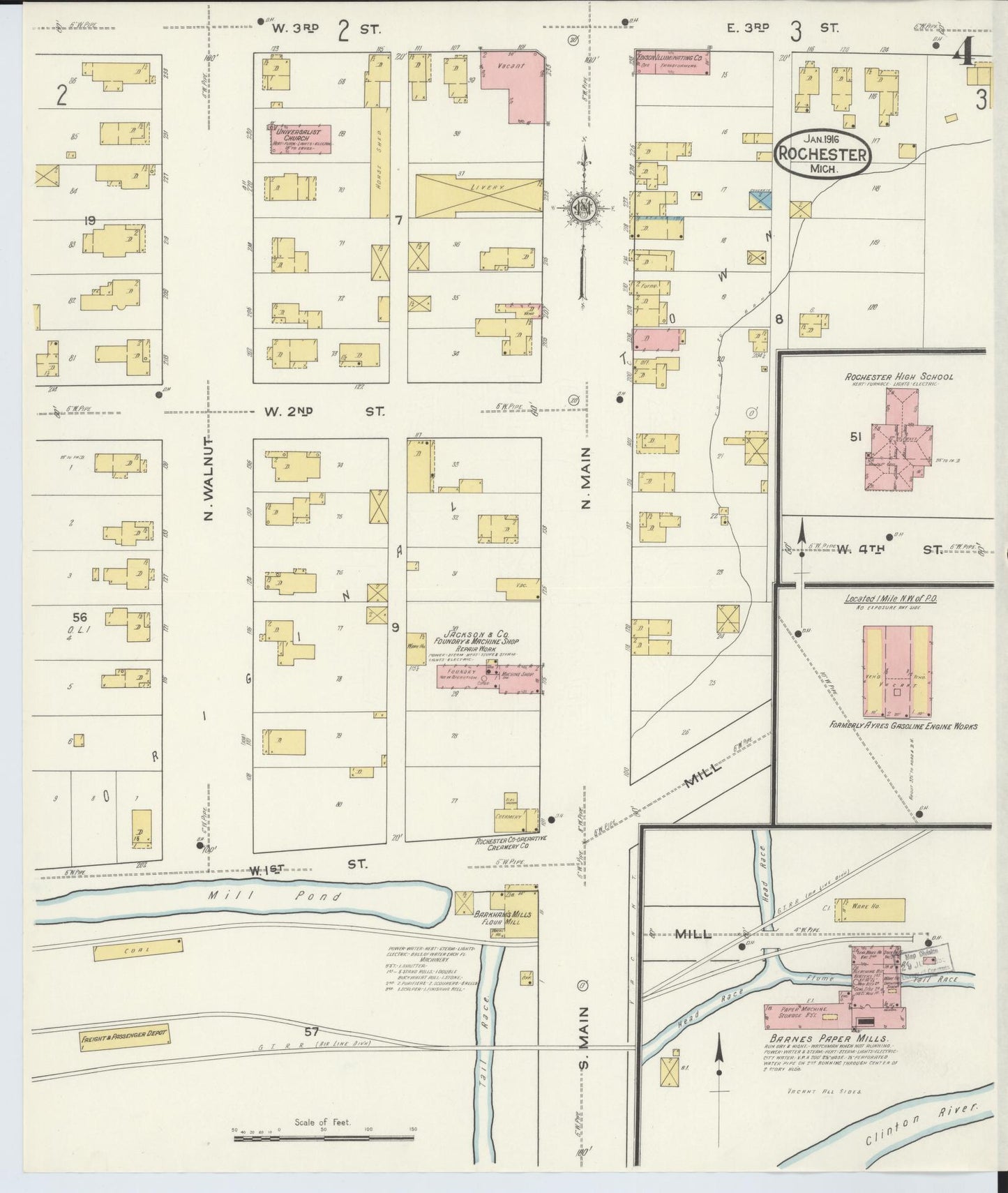 Sanborn Fire Insurance Map from Rochester, Oakland County, Michigan (1916), Sheet #0004 - Historic Sanborn Fire Insurance Map Print, vintage old map wall art, antique decor, genealogy gift, Michigan Michigan map