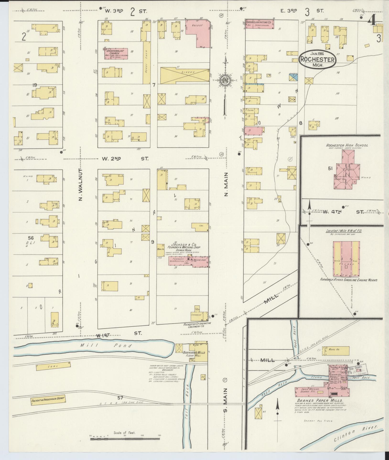 Sanborn Fire Insurance Map from Rochester, Oakland County, Michigan (1916), Sheet #0004 - Historic Sanborn Fire Insurance Map Print, vintage old map wall art, antique decor, genealogy gift, Michigan Michigan map