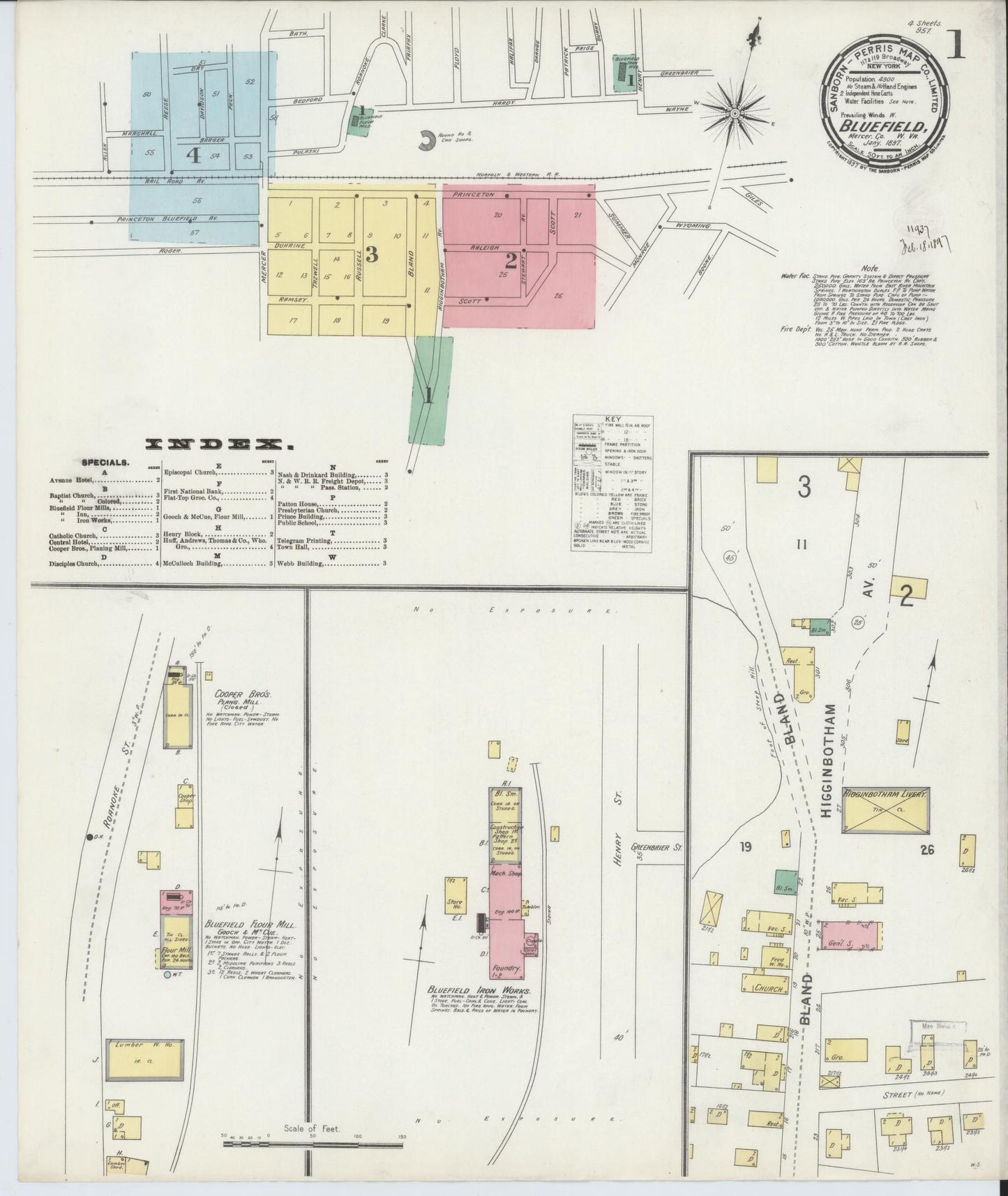 Sanborn Fire Insurance Map from Bluefield, Mercer County, West Virginia (1897), Sheet #0001 - Complete Map Set gallery image, historic Sanborn map, vintage wall art, West Virginia West Virginia