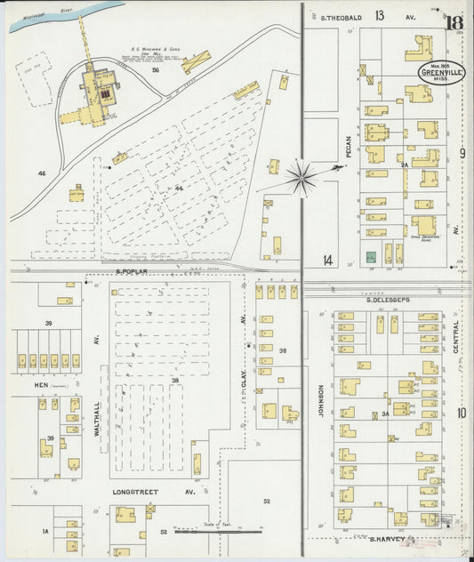 Sanborn Fire Insurance Map from Greenville, Washington County, Mississippi (1905), Sheet #0018 - Historic Sanborn Fire Insurance Map Print, vintage old map wall art, antique decor, genealogy gift, Mississippi Mississippi map