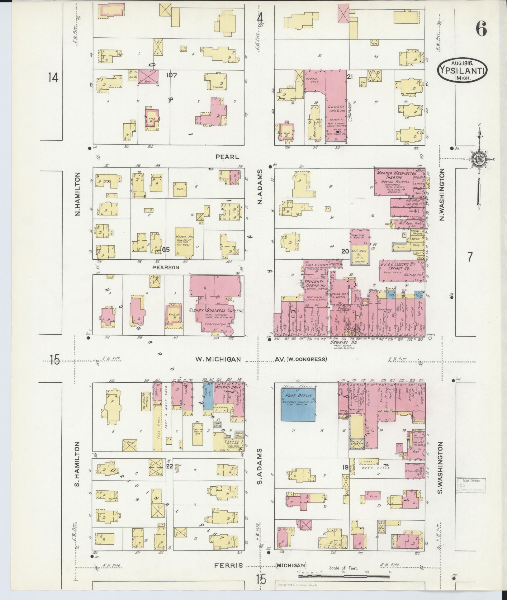 Sanborn Fire Insurance Map from Ypsilanti, Washtenaw County, Michigan (1916), Sheet #0006 - Historic Sanborn Fire Insurance Map Print, vintage old map wall art, antique decor, genealogy gift, Michigan Michigan map