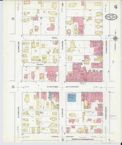 Sanborn Fire Insurance Map from Ypsilanti, Washtenaw County, Michigan (1916), Sheet #0006 - Historic Sanborn Fire Insurance Map Print, vintage old map wall art, antique decor, genealogy gift, Michigan Michigan map
