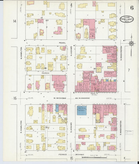 Sanborn Fire Insurance Map from Ypsilanti, Washtenaw County, Michigan (1916), Sheet #0006 - Historic Sanborn Fire Insurance Map Print, vintage old map wall art, antique decor, genealogy gift, Michigan Michigan map