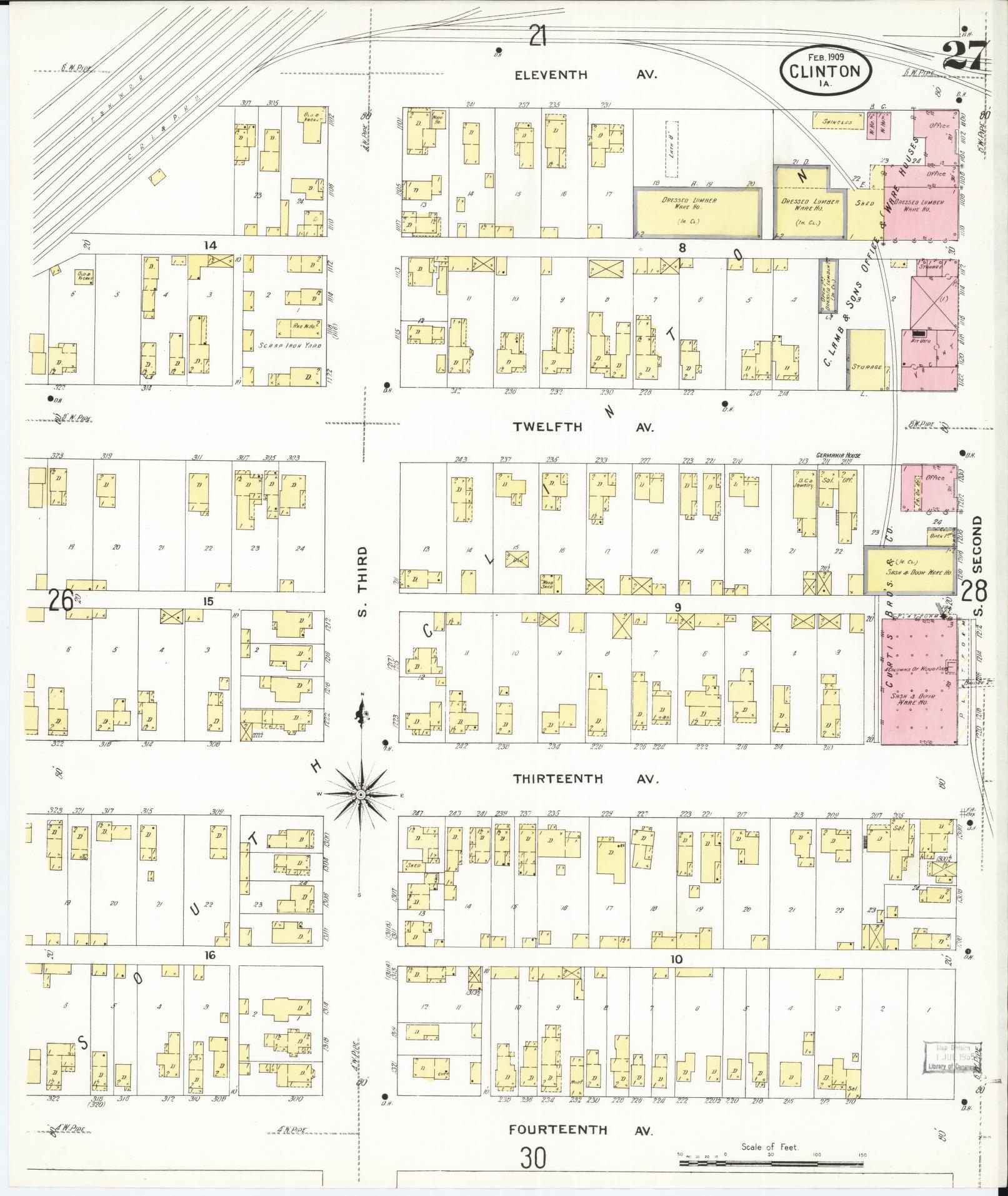 Sanborn Fire Insurance Map from Clinton, Clinton County, Iowa (1909), Sheet #0027 - Historic Sanborn Fire Insurance Map Print, vintage old map wall art