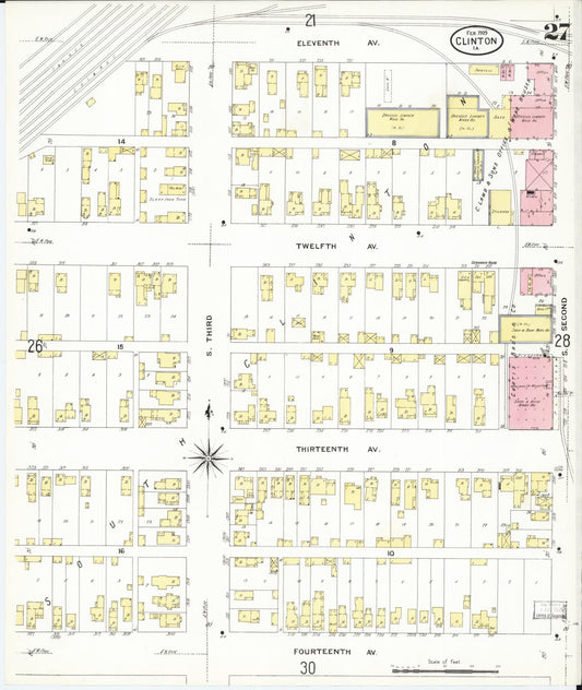 Sanborn Fire Insurance Map from Clinton, Clinton County, Iowa (1909), Sheet #0027 - Historic Sanborn Fire Insurance Map Print, vintage old map wall art