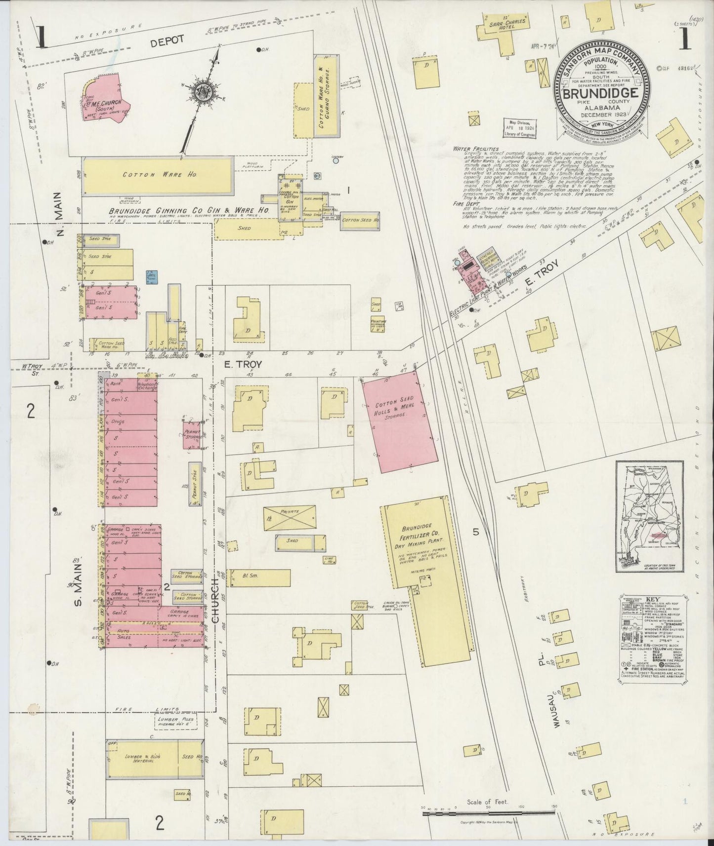 Sanborn Fire Insurance Map from Brundidge, Pike County, Alabama (1923), Sheet #0001 - Historic Sanborn Fire Insurance Map Print, vintage old map wall art, antique decor, genealogy gift, Alabama Alabama map
