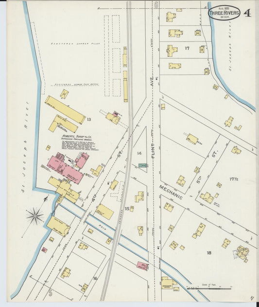 Sanborn Fire Insurance Map from Three Rivers, Saint Joseph County, Michigan (1893), Sheet #0004 - Historic Sanborn Fire Insurance Map Print, vintage old map wall art, antique decor, genealogy gift, Michigan Michigan map