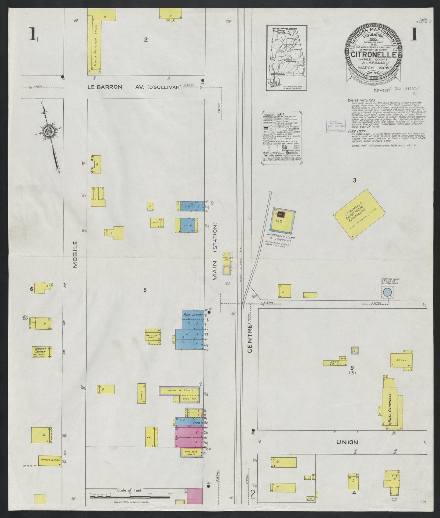 Sanborn Fire Insurance Map from Citronelle, Mobile County, Alabama (1926), Sheet #0001 - Historic Sanborn Fire Insurance Map Print, vintage old map wall art, antique decor, genealogy gift, Alabama Alabama map