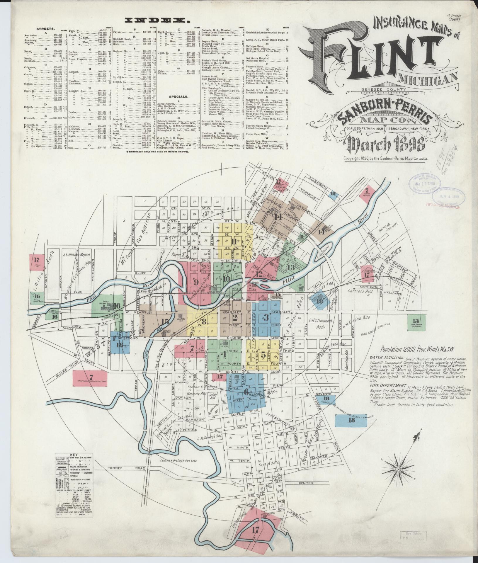 Sanborn Fire Insurance Map from Flint, Genesee County, Michigan (1898), Sheet #0001 - Historic Sanborn Fire Insurance Map Print, vintage old map wall art, antique decor, genealogy gift, Michigan Michigan map