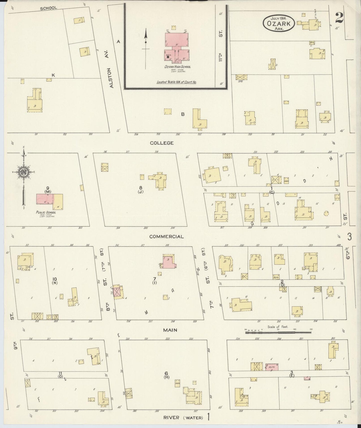 Sanborn Fire Insurance Map from Ozark, Franklin County, Arkansas (1914), Sheet #0002 - Complete Map Set gallery image, historic Sanborn map, vintage wall art, Arkansas Arkansas