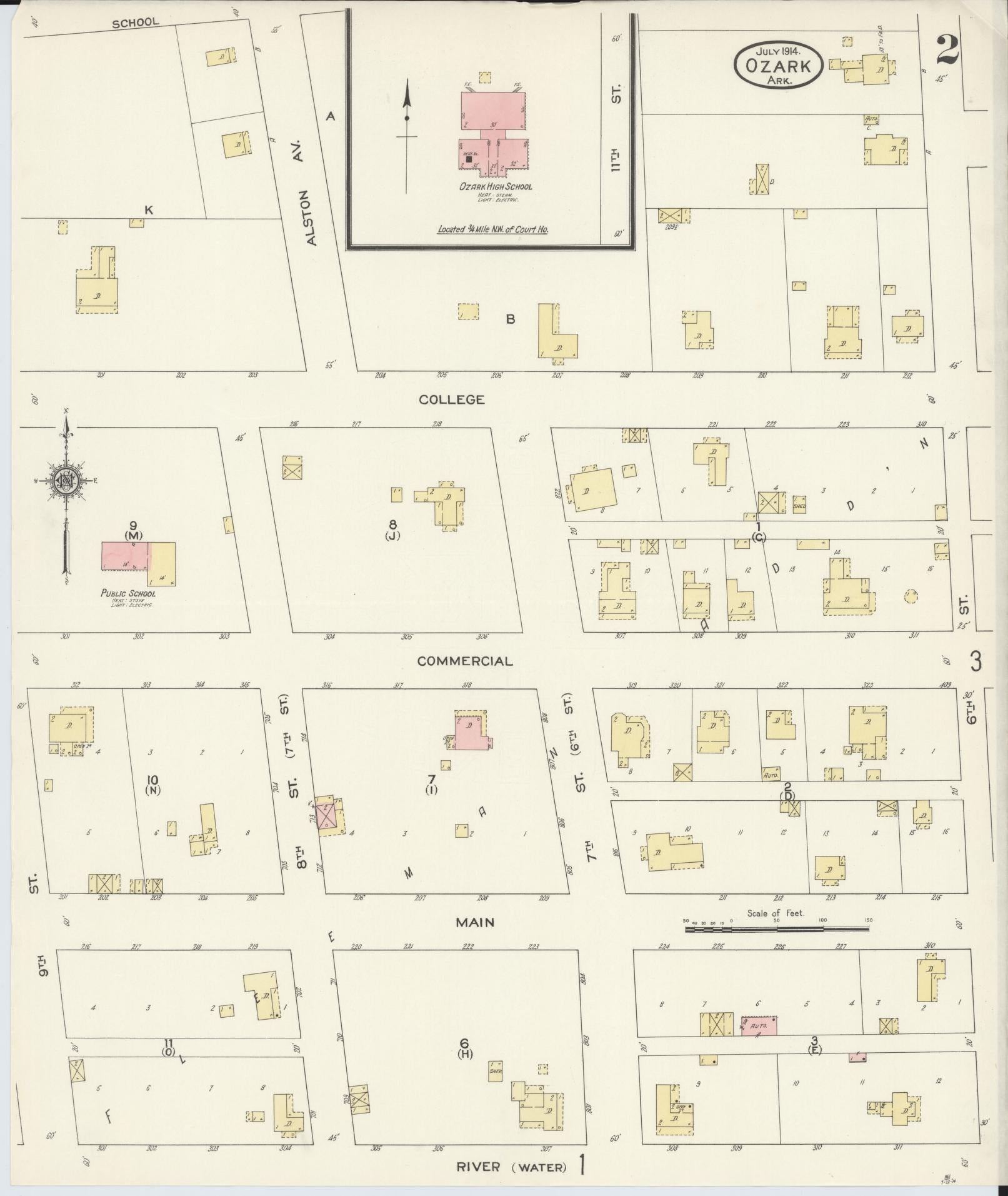 Sanborn Fire Insurance Map from Ozark, Franklin County, Arkansas (1914), Sheet #0002 - Complete Map Set gallery image, historic Sanborn map, vintage wall art, Arkansas Arkansas