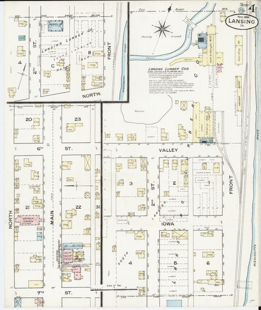 Sanborn Fire Insurance Map from Lansing, Allamakee County, Iowa (1886), Sheet #0004 - Historic Sanborn Fire Insurance Map Print, vintage old map wall art