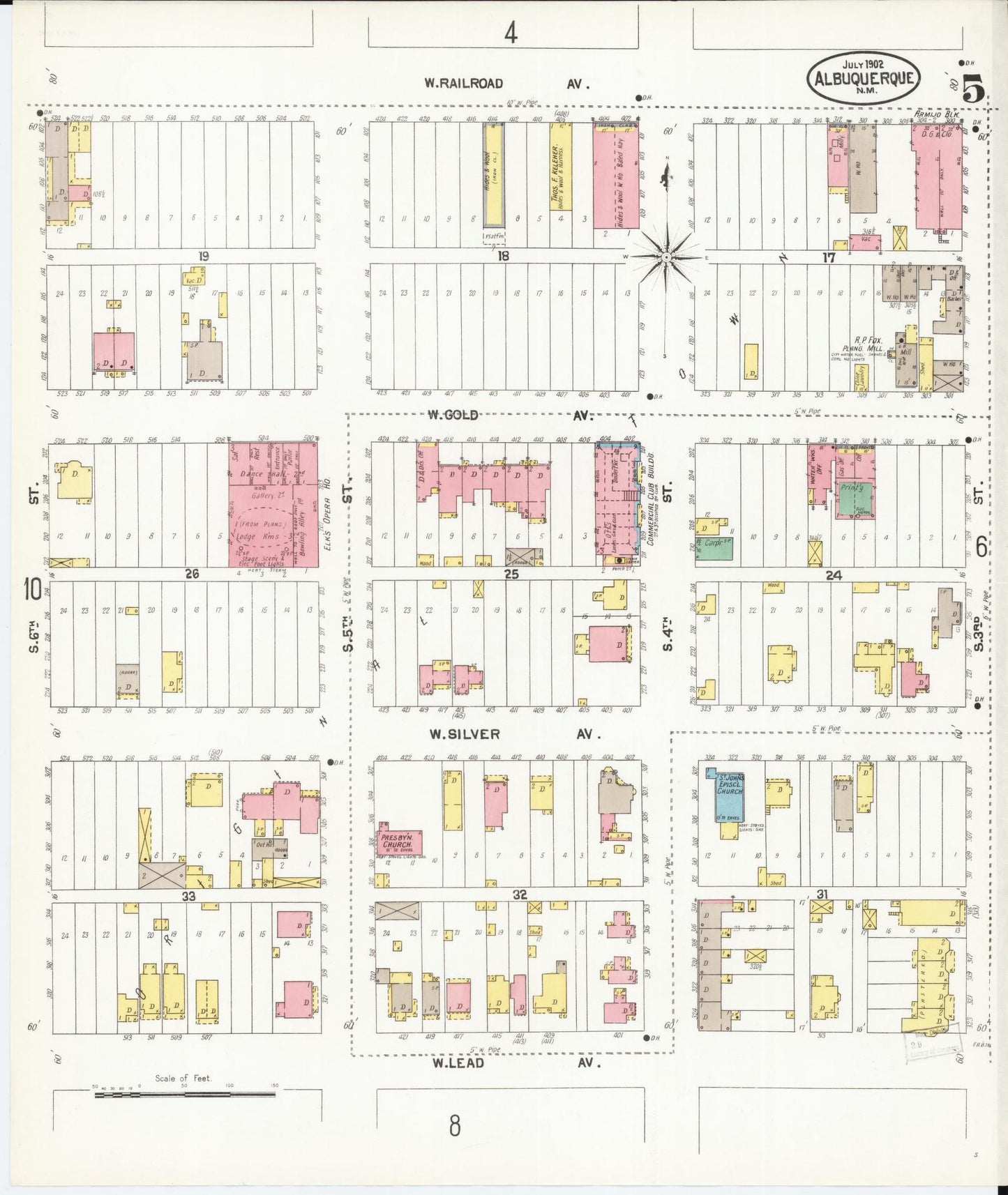 Sanborn Fire Insurance Map from Albuquerque, Bernalillo County, New Mexico (1902), Sheet #0005 - Complete Map Set gallery image, historic Sanborn map, vintage wall art, New Mexico New Mexico