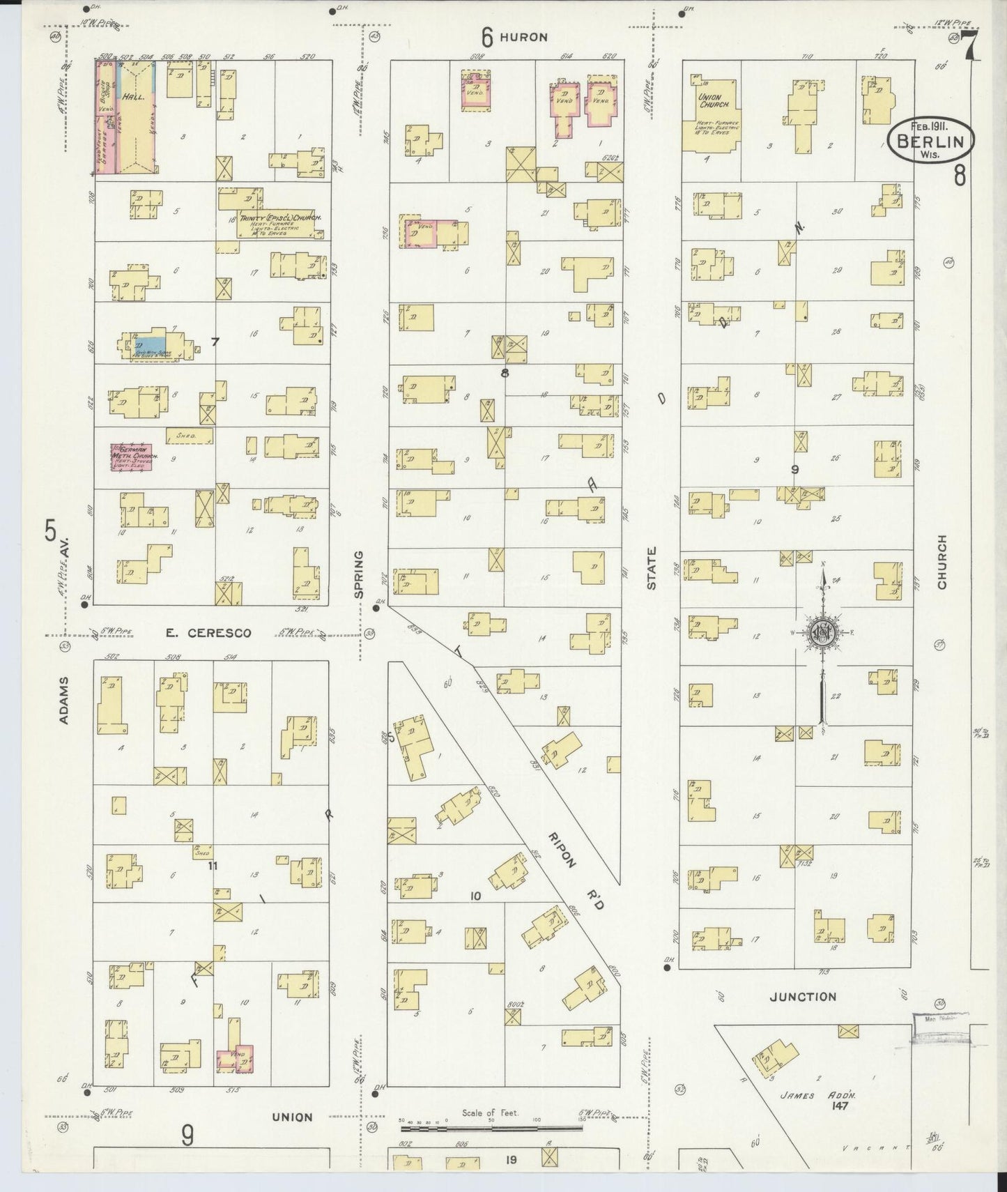 Sanborn Fire Insurance Map from Berlin, Green Lake County, Wisconsin (1911), Sheet #0007 - Complete Map Set gallery image, historic Sanborn map, vintage wall art, Wisconsin Wisconsin