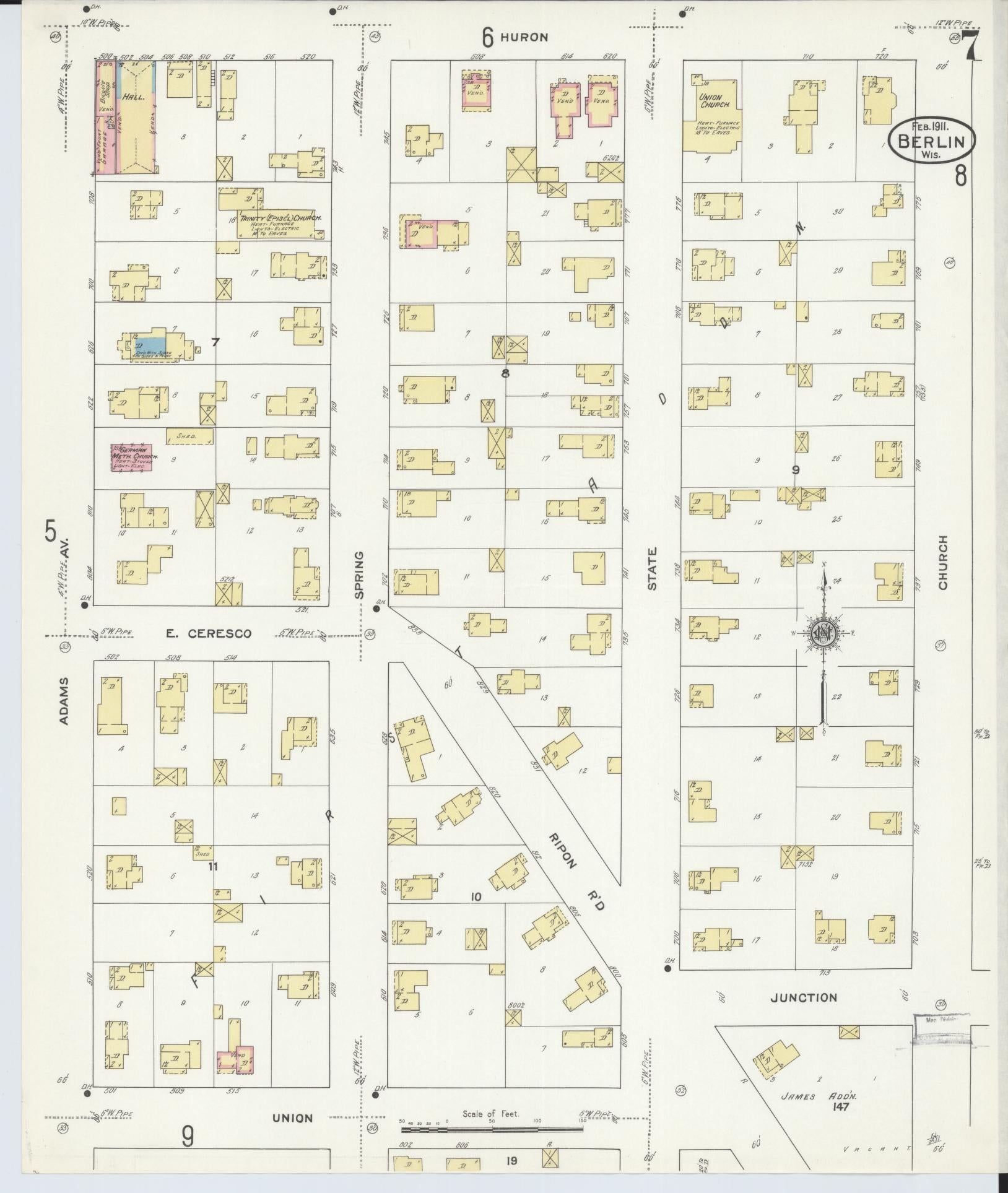 Sanborn Fire Insurance Map from Berlin, Green Lake County, Wisconsin (1911), Sheet #0007 - Complete Map Set gallery image, historic Sanborn map, vintage wall art, Wisconsin Wisconsin