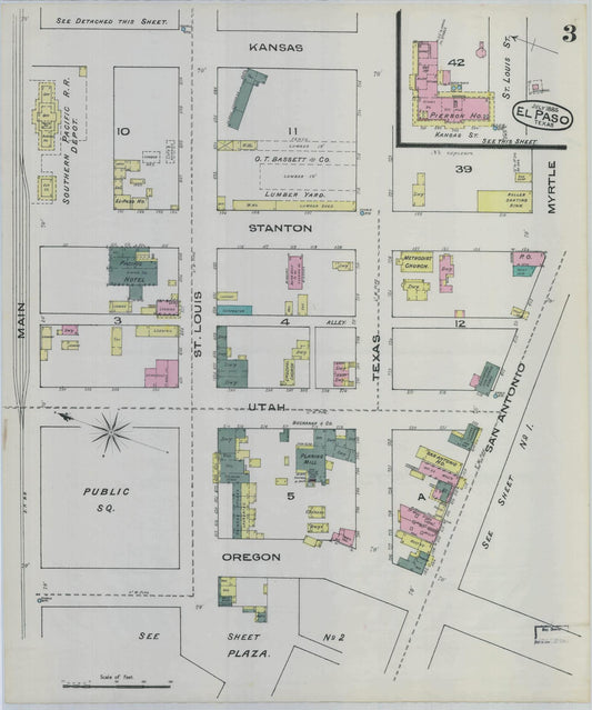 Sanborn Fire Insurance Map from El Paso, El Paso County, Texas (1885), Sheet #0003 - Historic Sanborn Fire Insurance Map Print, vintage old map wall art, antique decor, genealogy gift, Texas Texas map