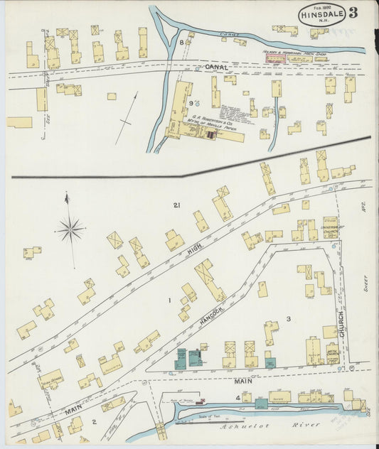 Sanborn Fire Insurance Map from Hinsdale, Cheshire County, New Hampshire (1892), Sheet #0003 - Historic Sanborn Fire Insurance Map Print, vintage old map wall art, antique decor, genealogy gift, New Hampshire New Hampshire map