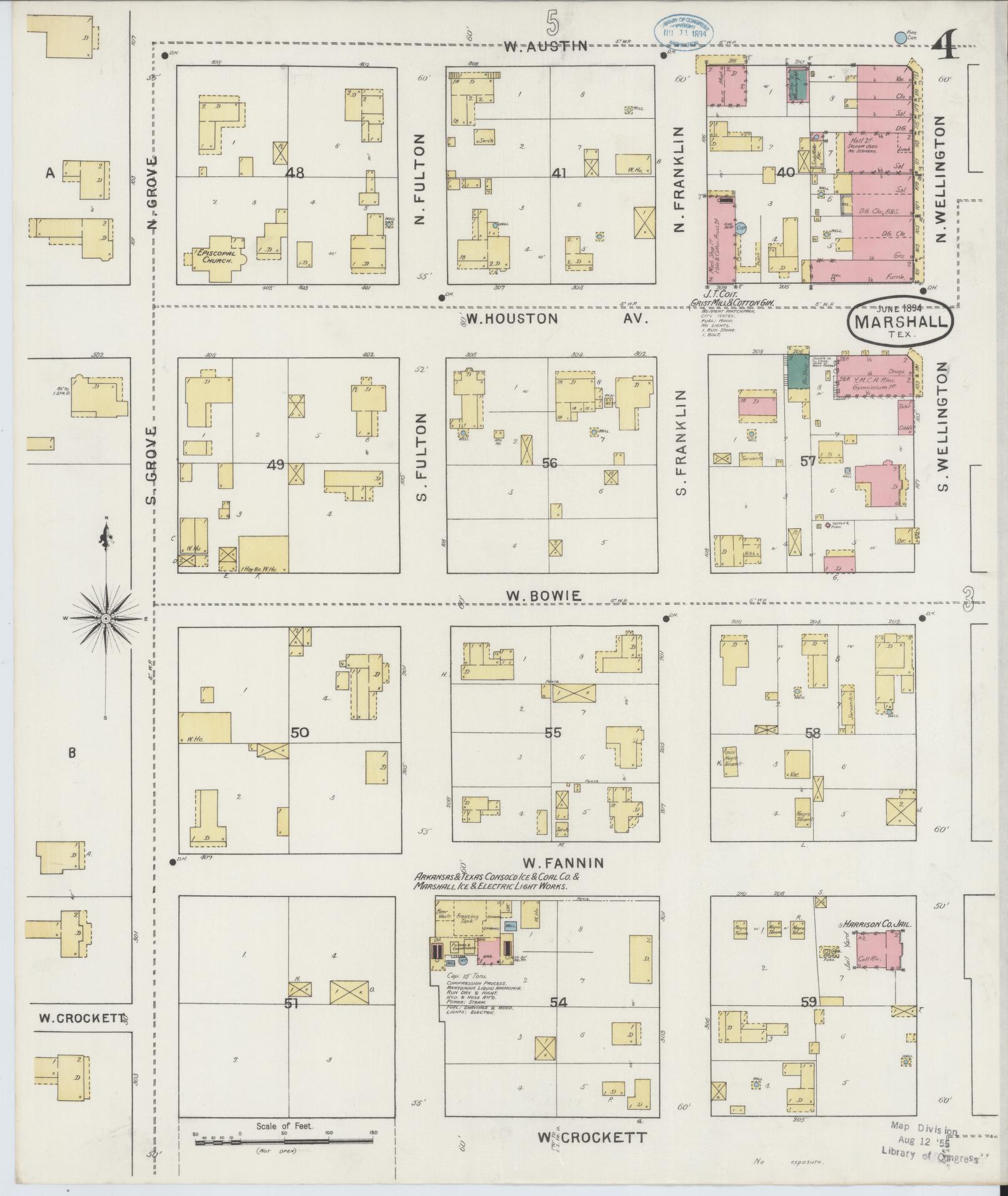 Sanborn Fire Insurance Map from Marshall, Harrison County, Texas (1894), Sheet #0004 - Historic Sanborn Fire Insurance Map Print, vintage old map wall art, antique decor, genealogy gift, Texas Texas map