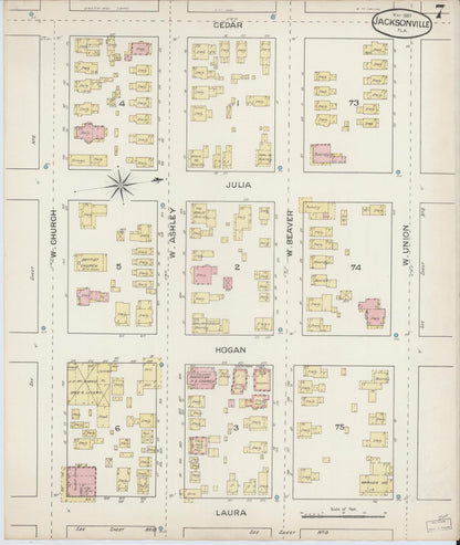 Sanborn Fire Insurance Map from Jacksonville, Duval County, Florida (1887), Sheet #0007 - Historic Sanborn Fire Insurance Map Print, vintage old map wall art, antique decor, genealogy gift, Florida Florida map