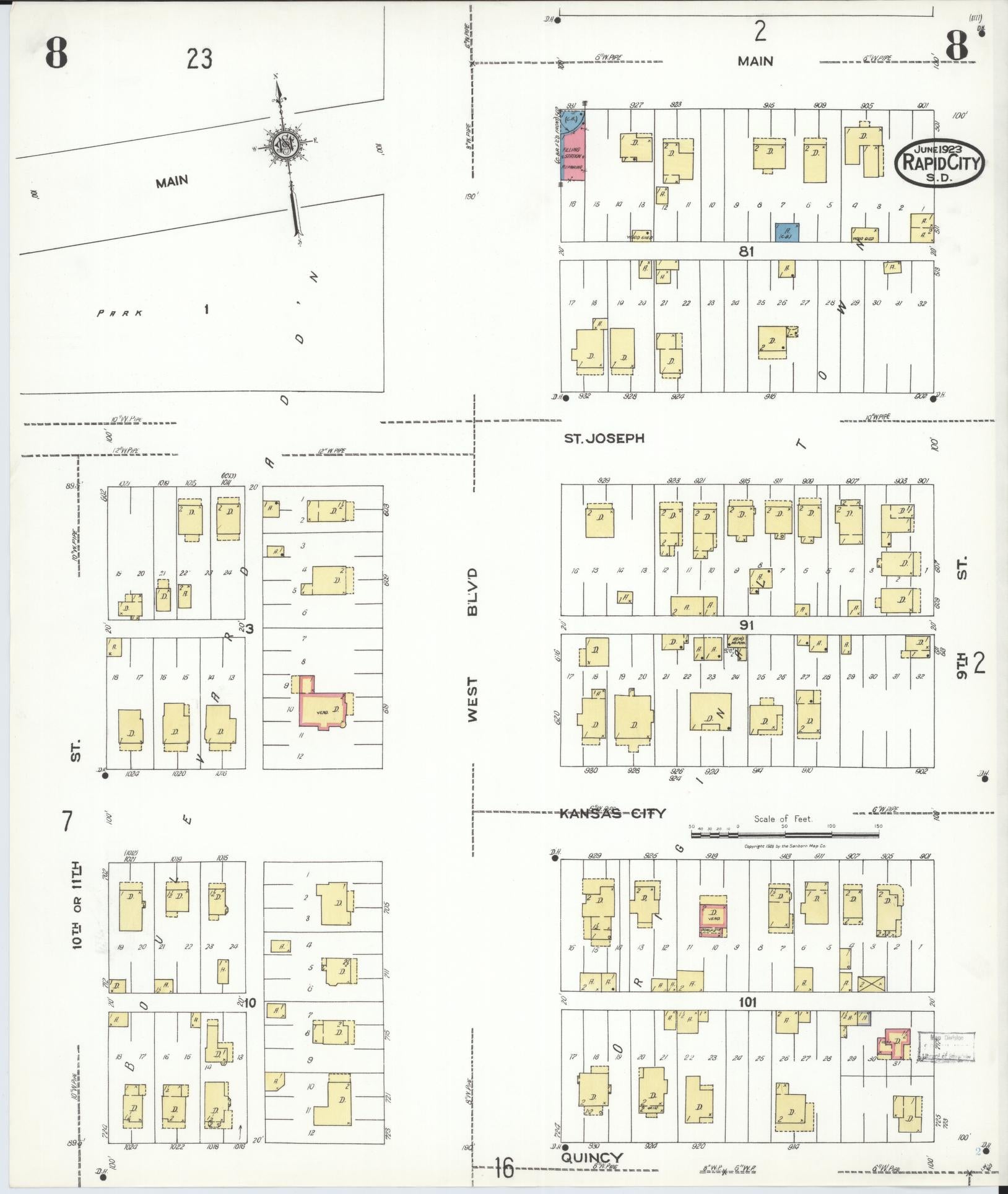 Sanborn Fire Insurance Map from Rapid City, Pennington County, South Dakota (1923), Sheet #0008 - Historic Sanborn Fire Insurance Map Print, vintage old map wall art, antique decor, genealogy gift, South Dakota South Dakota map