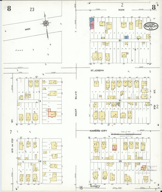 Sanborn Fire Insurance Map from Rapid City, Pennington County, South Dakota (1923), Sheet #0008 - Historic Sanborn Fire Insurance Map Print, vintage old map wall art, antique decor, genealogy gift, South Dakota South Dakota map