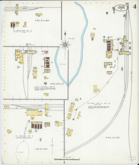 Sanborn Fire Insurance Map from Herrin, Williamson County, Illinois (1905), Sheet #0004 - Historic Sanborn Fire Insurance Map Print, vintage old map wall art, antique decor, genealogy gift, Illinois Illinois map