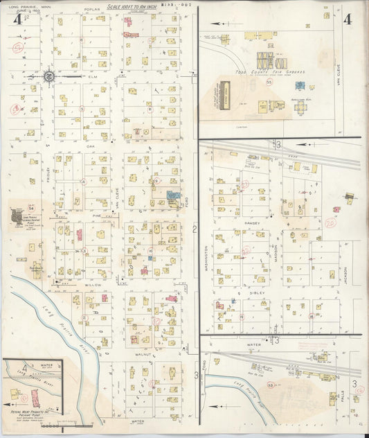 Sanborn Fire Insurance Map from Long Prairie, Todd County, Minnesota (1945), Sheet #0004 - Historic Sanborn Fire Insurance Map Print, vintage old map wall art, antique decor, genealogy gift, Minnesota Minnesota map