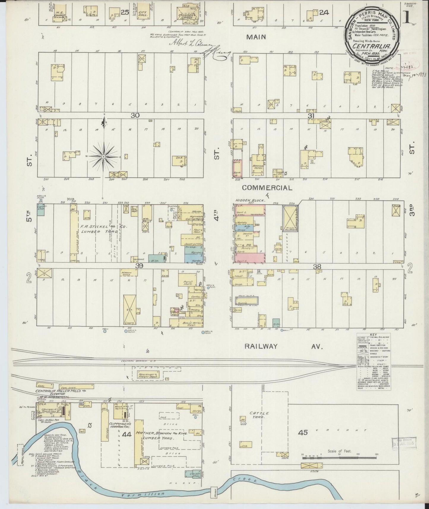 Sanborn Fire Insurance Map from Centralia, Nemaba County, Kansas (1893), Sheet #0001 - Complete Map Set gallery image, historic Sanborn map, vintage wall art, Kansas Kansas