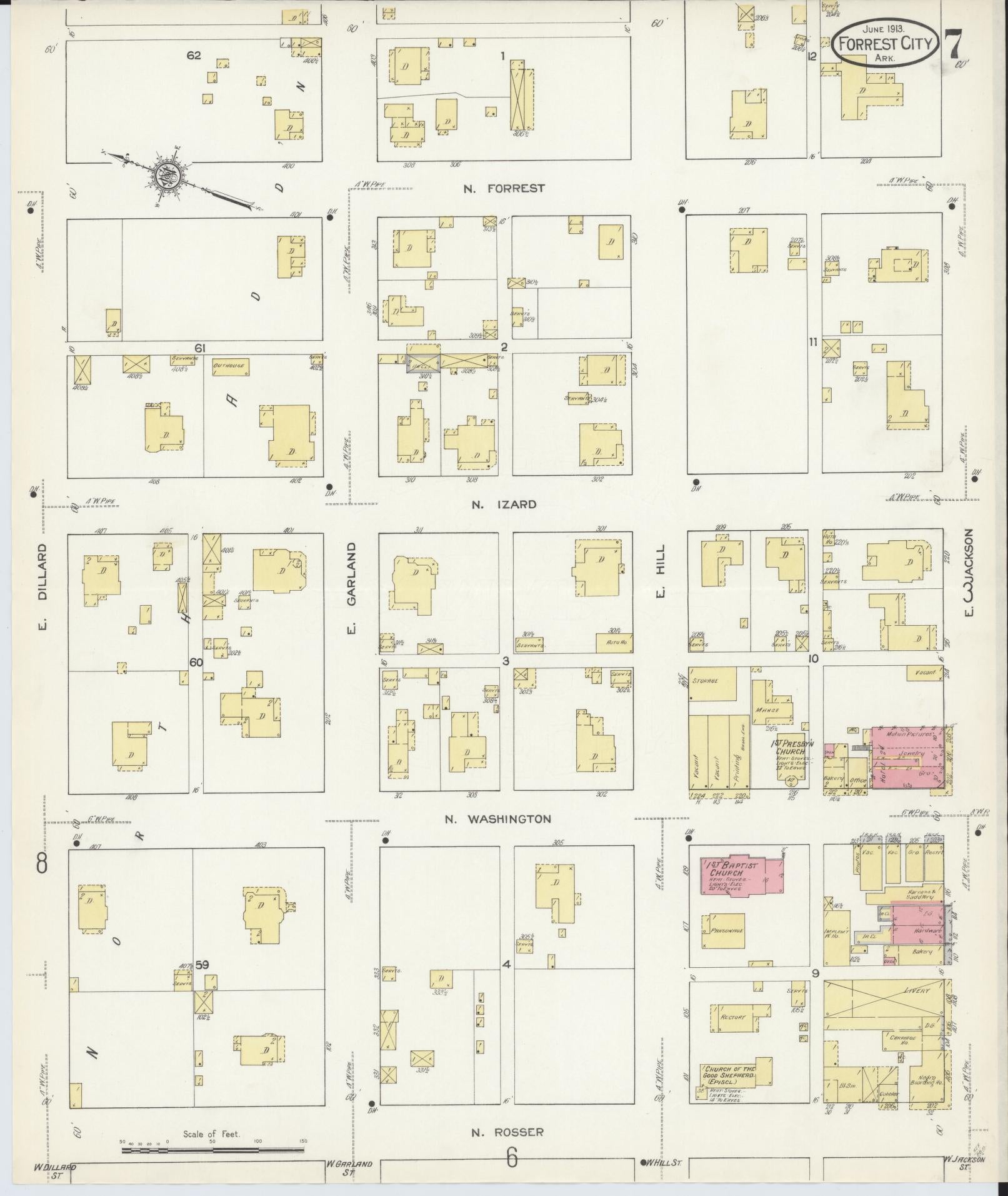 Sanborn Fire Insurance Map from Forrest City, Saint Francis County, Arkansas (1913), Sheet #0007 - Historic Sanborn Fire Insurance Map Print, vintage old map wall art, antique decor, genealogy gift, Arkansas Arkansas map