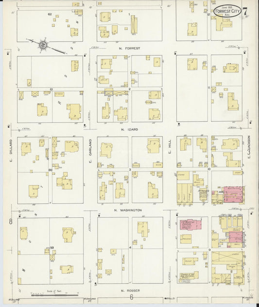 Sanborn Fire Insurance Map from Forrest City, Saint Francis County, Arkansas (1913), Sheet #0007 - Historic Sanborn Fire Insurance Map Print, vintage old map wall art, antique decor, genealogy gift, Arkansas Arkansas map