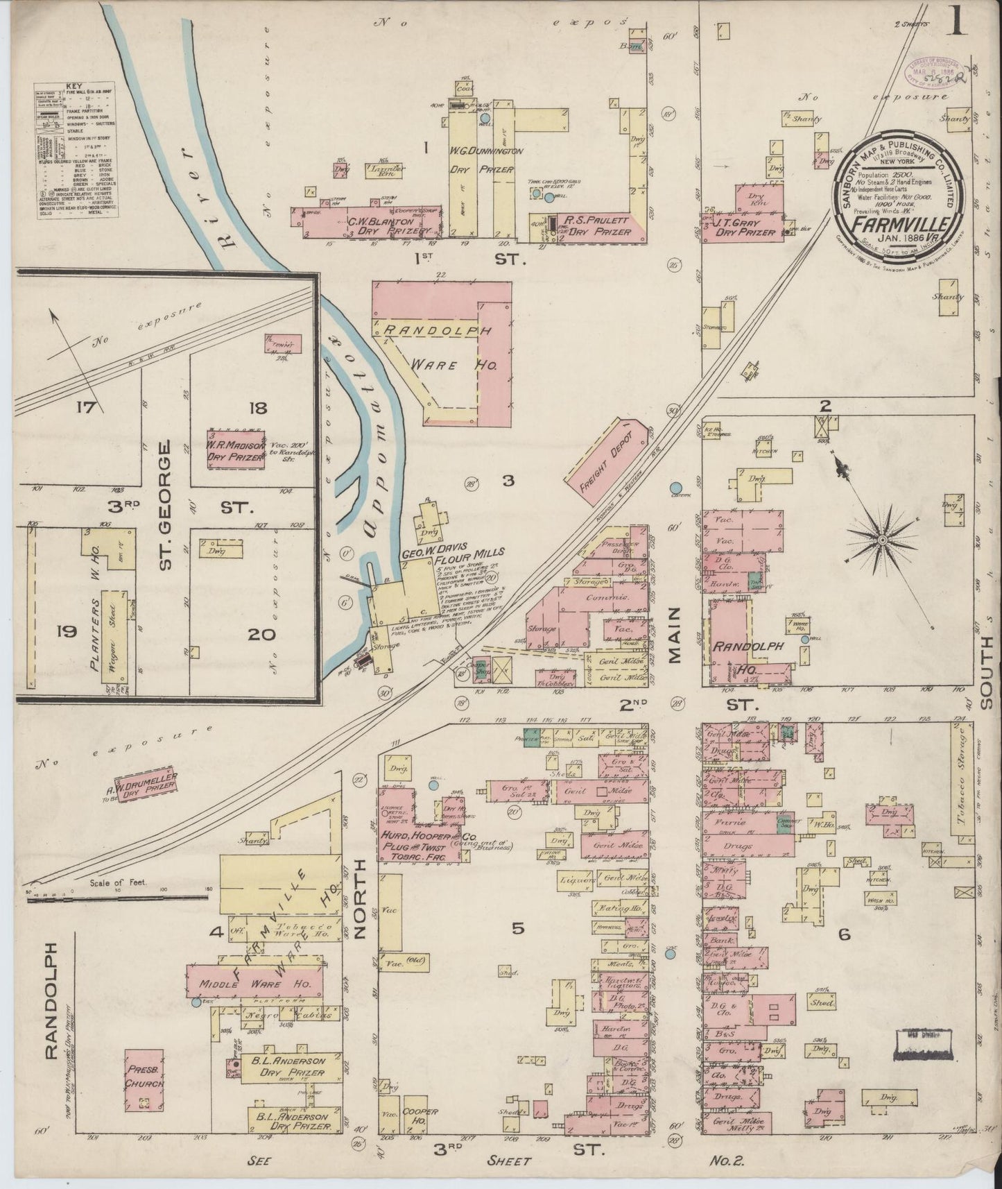 Sanborn Fire Insurance Map from Farmville, Prince Edward County, Virginia. (1886) – Historic Sanborn Fire Insurance Map Print