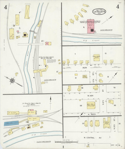 Sanborn Fire Insurance Map from La Follette, Campbell County, Tennessee (1925), Sheet #0004 - Historic Sanborn Fire Insurance Map Print, vintage old map wall art, antique decor, genealogy gift, Tennessee Tennessee map