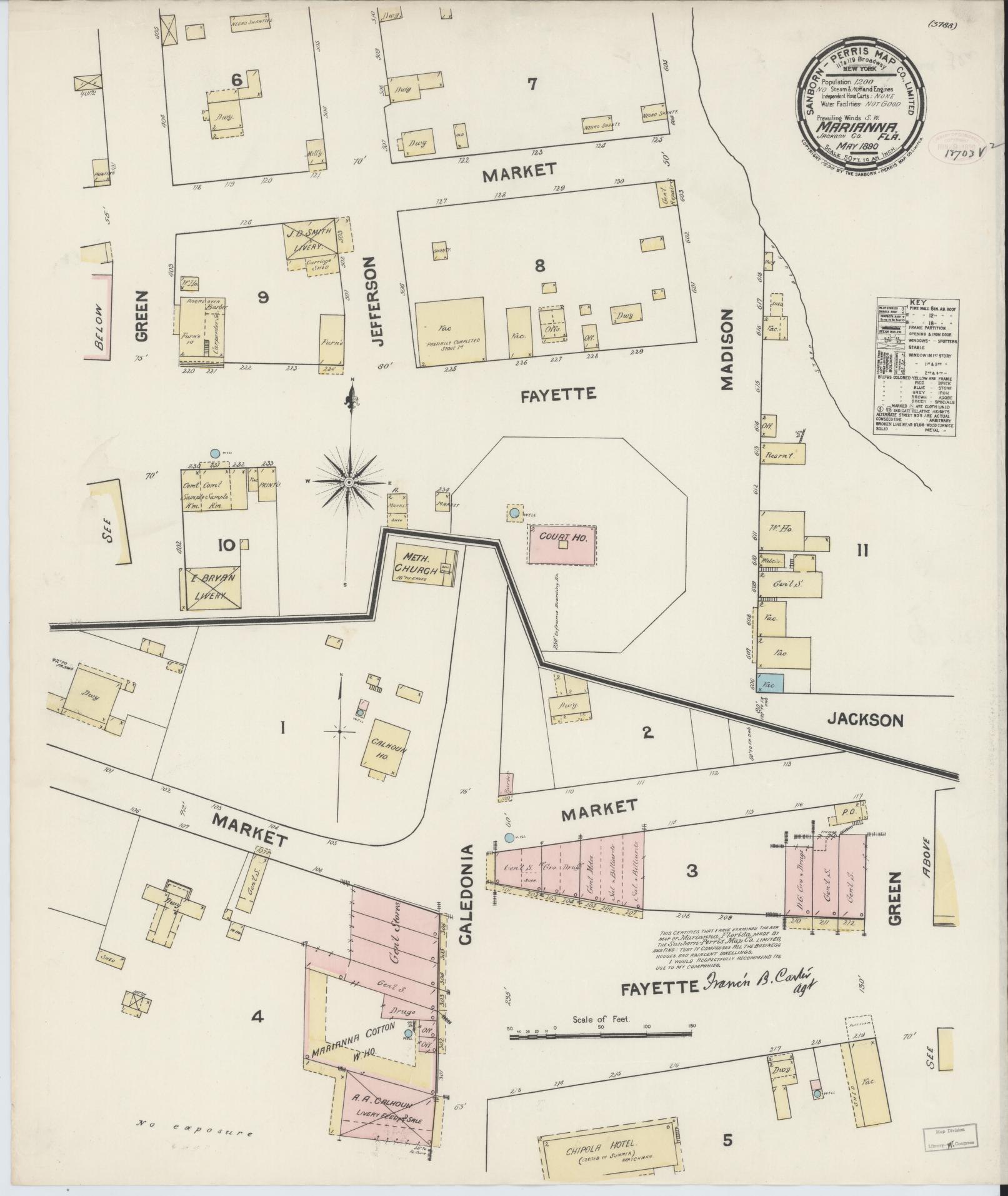 Sanborn Fire Insurance Map from Marianna, Jackson County, Florida (1890), Sheet #0001 - Historic Sanborn Fire Insurance Map Print, vintage old map wall art, antique decor, genealogy gift, Florida Florida map