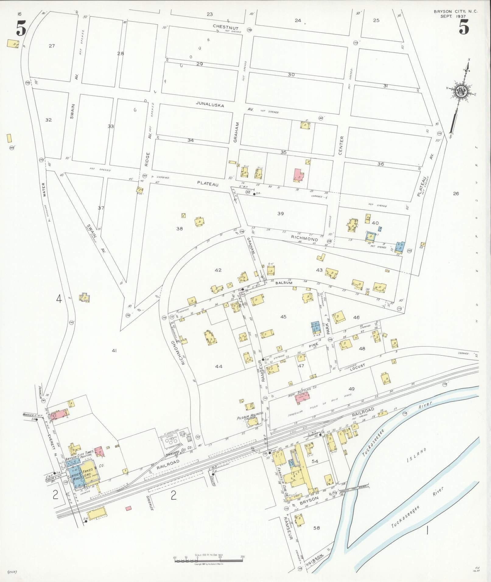 Sanborn Fire Insurance Map from Bryson City, Swain County, North Carolina (1937), Sheet #0005 - Complete Map Set gallery image, historic Sanborn map, vintage wall art, North Carolina North Carolina