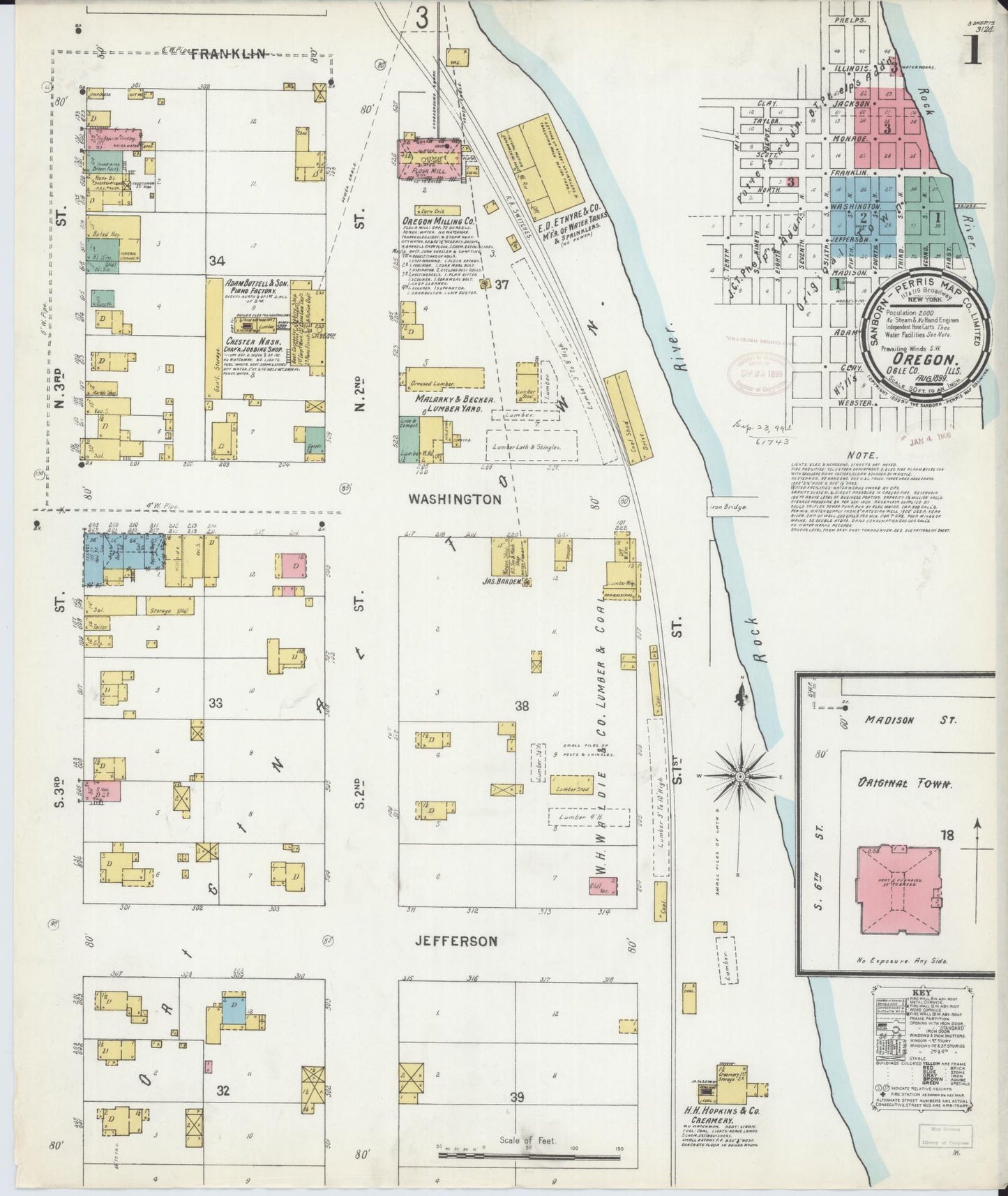 Sanborn Fire Insurance Map from Oregon, Ogle County, Illinois (1899), Sheet #0001 - Historic Sanborn Fire Insurance Map Print, vintage old map wall art, antique decor, genealogy gift, Oregon Oregon map