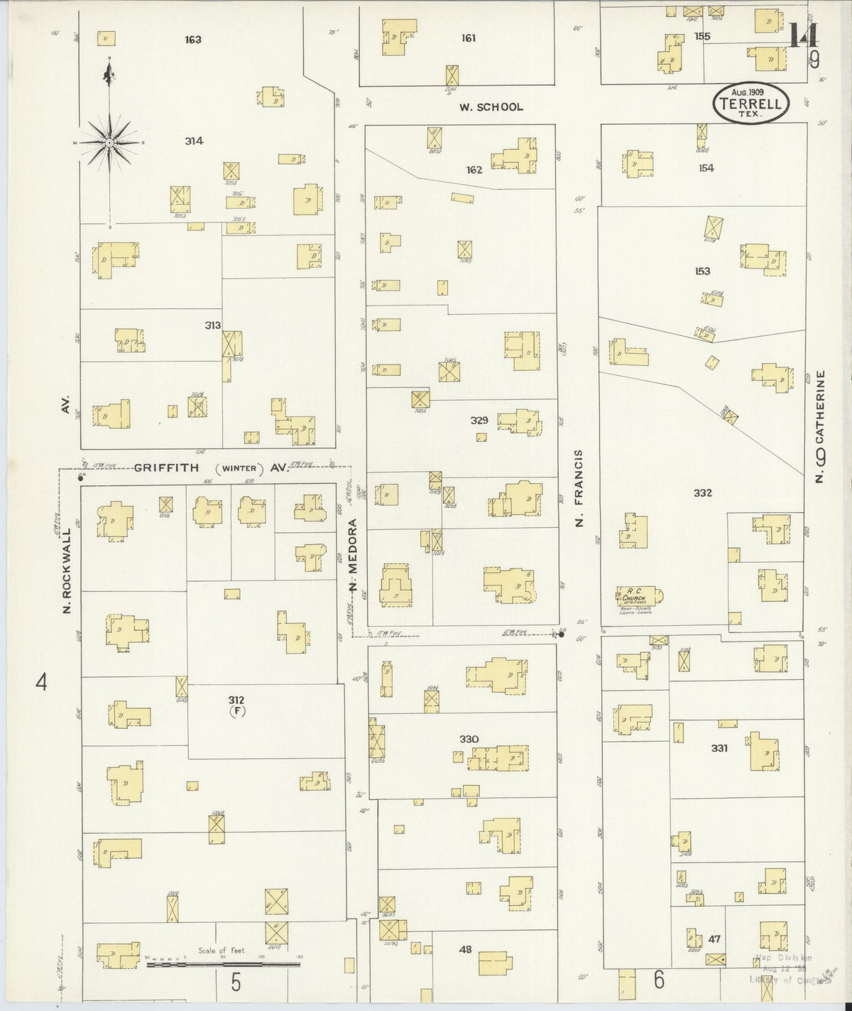 Sanborn Fire Insurance Map from Terrell, Kaufman County, Texas (1909), Sheet #0014 - Historic Sanborn Fire Insurance Map Print, vintage old map wall art, antique decor, genealogy gift, Texas Texas map
