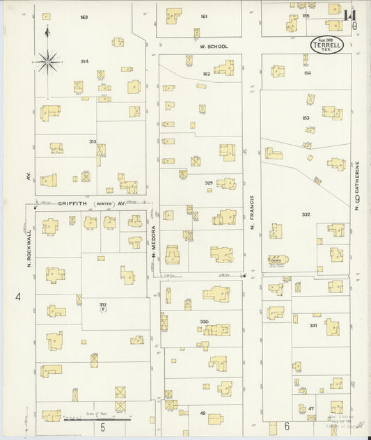 Sanborn Fire Insurance Map from Terrell, Kaufman County, Texas (1909), Sheet #0014 - Historic Sanborn Fire Insurance Map Print, vintage old map wall art, antique decor, genealogy gift, Texas Texas map
